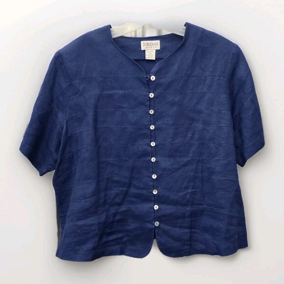 Vintage Jordan Women's 16W 100% Linen Boxy Button-Up Top Navy Blue Cottagecore - Picture 1 of 8